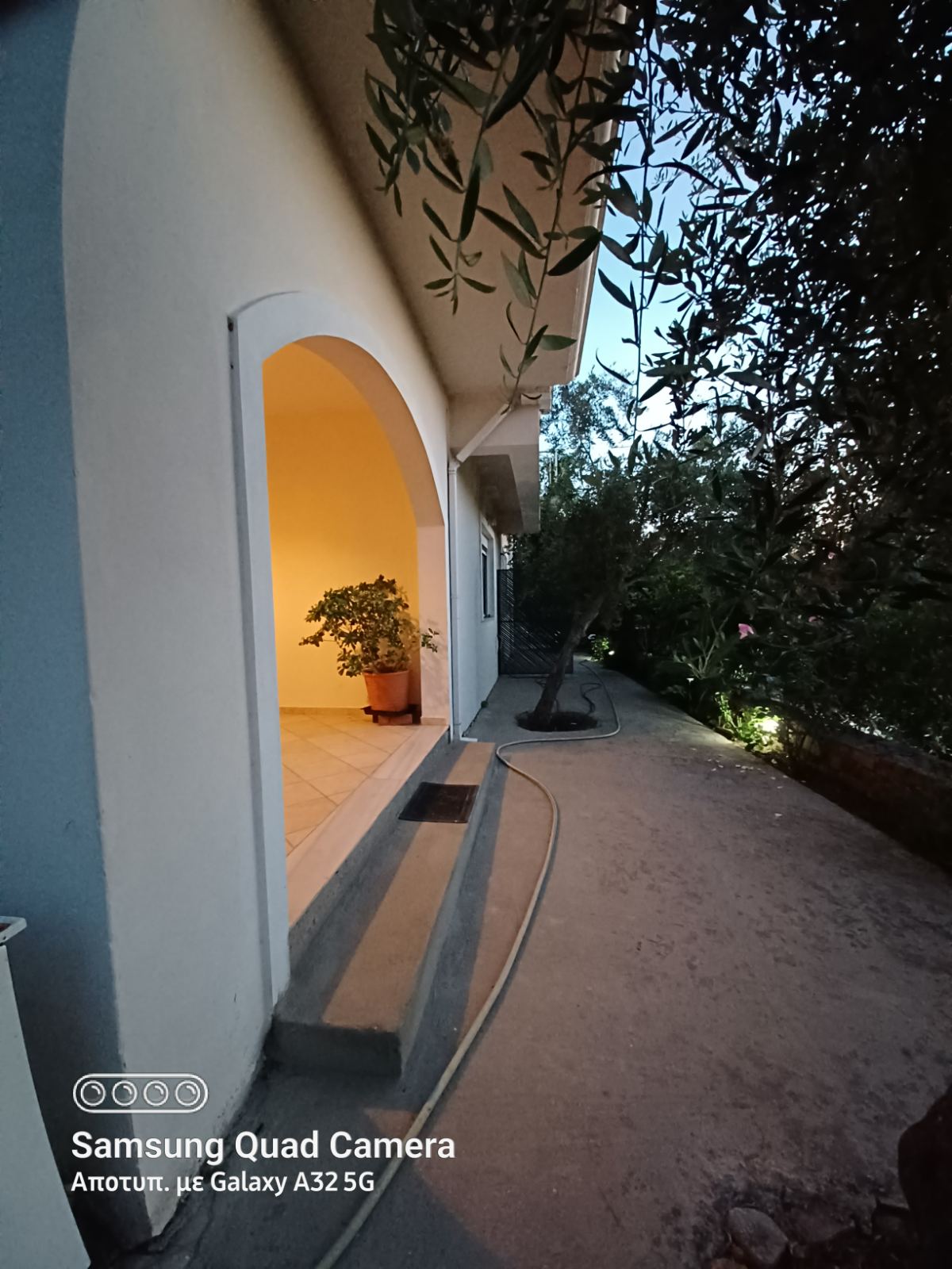 An entryway is visible, featuring an arched doorway that leads into a softly lit interior. A potted plant is positioned near the entrance, surrounded by a pathway bordered by lush greenery, contributing to a serene outdoor atmosphere.