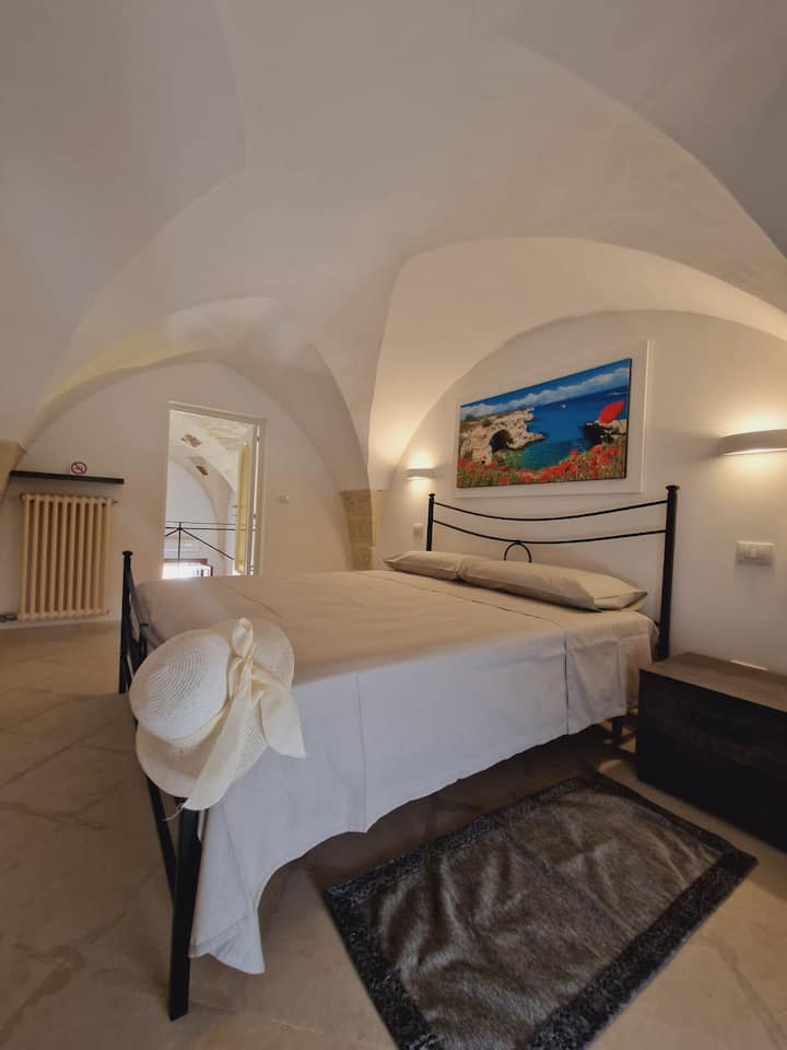 Bedroom with ceiling sometimes star. 
Double bed. Seven, pouf, panel and mirror furnish the room.