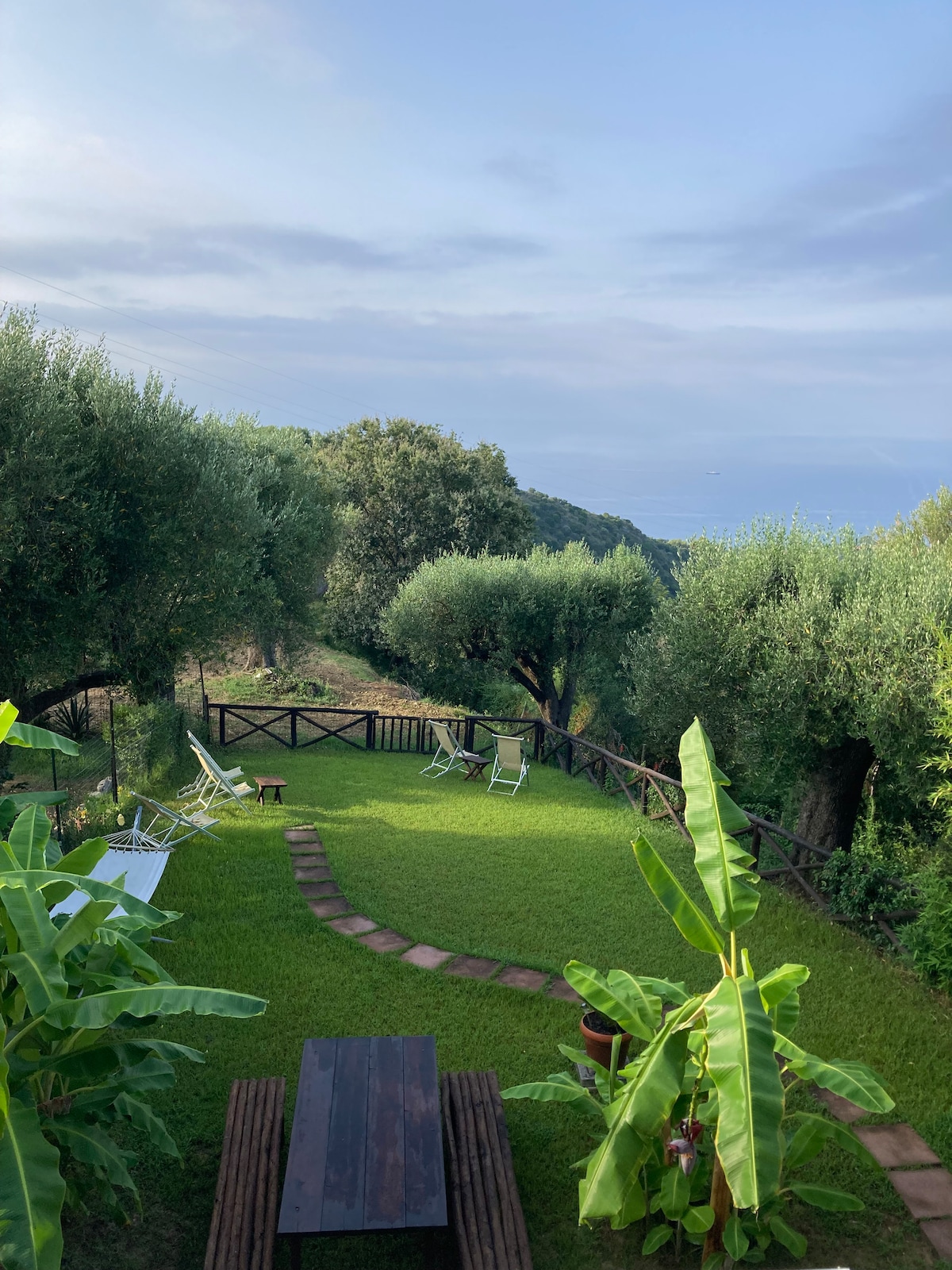 A serene outdoor space is framed by lush greenery, featuring a well-maintained lawn and a terrace area. Several lounge chairs are positioned for relaxation, with stone pathways leading through the garden. The surrounding trees and plants add to the tranquil ambiance, extending towards a distant view of the sea.