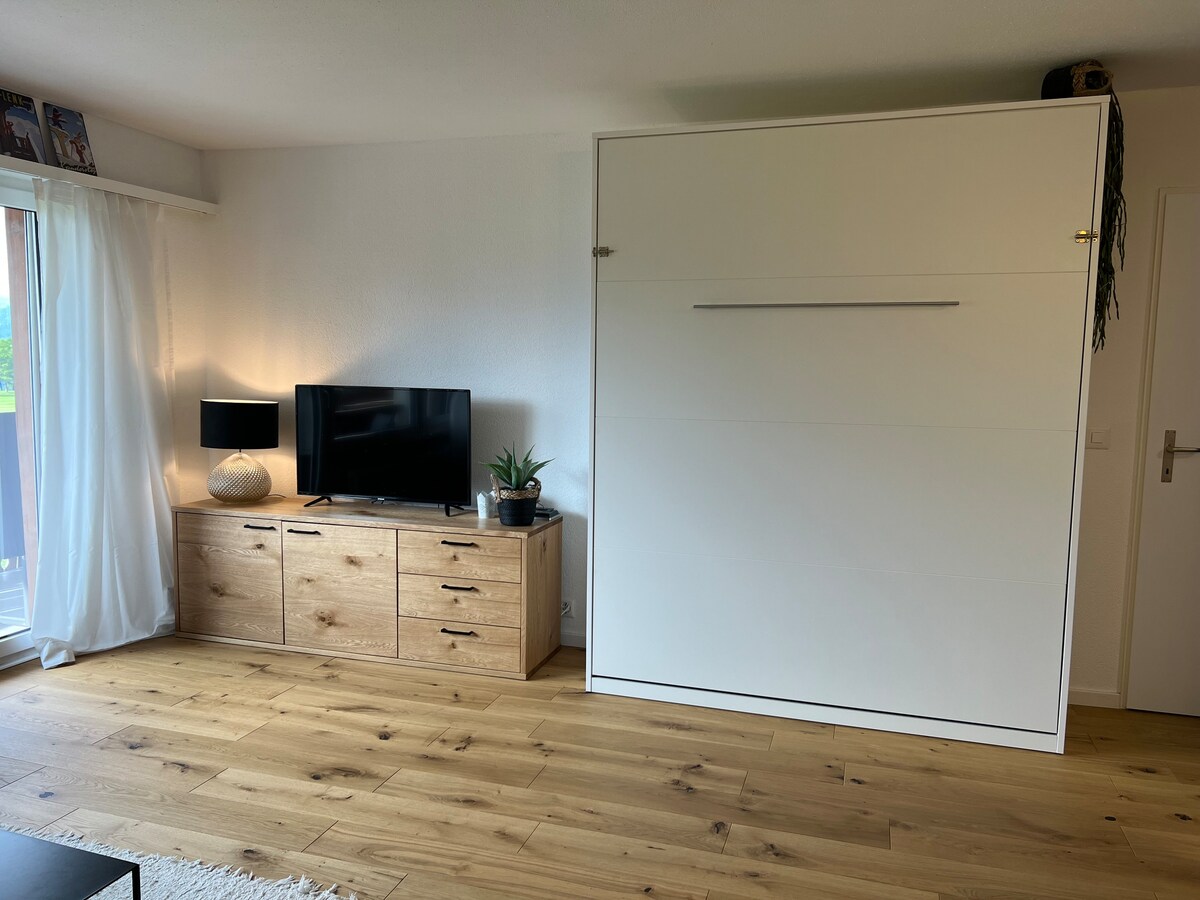 A modern living area features a compact wooden sideboard with a television on top and a small indoor plant. A white foldable wall bed is positioned next to the sideboard. Natural light enters through the curtains, highlighting the warm wooden floor.