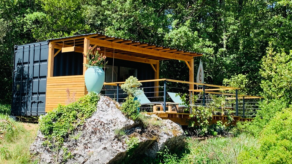 A tiny house constructed from a recycled shipping container is surrounded by lush greenery. The wooden terrace features lounge chairs and is sheltered by a slatted roof, while a large potted plant adds a touch of nature to the entrance.