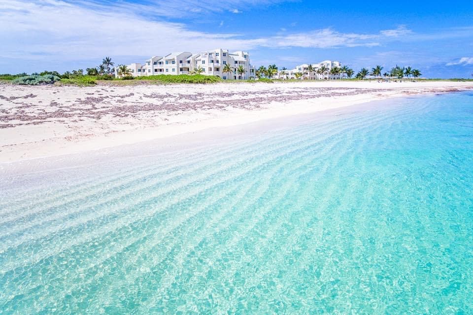A calm beach scene presents clear turquoise waters, gently lapping against a soft sandy shore. In the background, a modern three-story building is set against a bright blue sky, surrounded by lush greenery and palm trees.