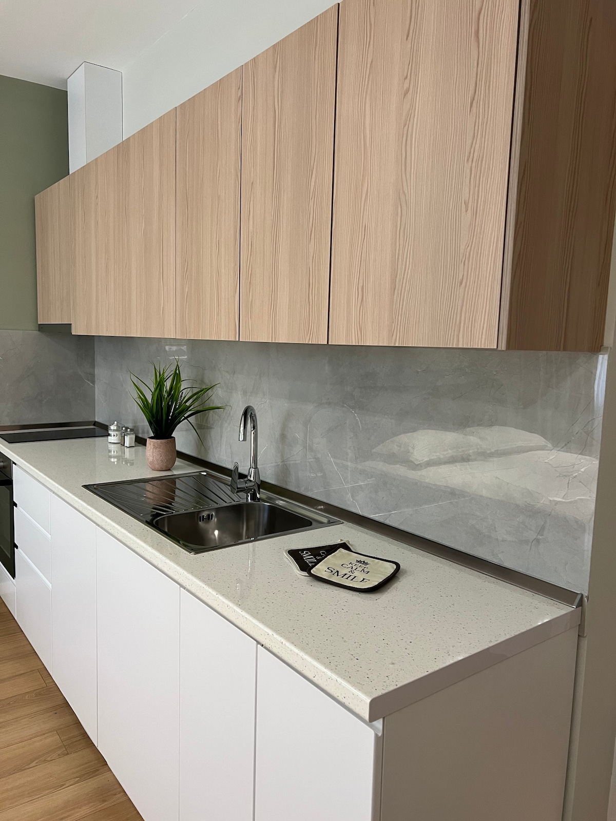 A modern kitchen space features a streamlined design with wooden cabinetry above a white countertop. Stainless steel sink and faucet are centrally positioned, accompanied by a small potted plant. Countertop decor includes a dish towel, contributing to a functional and tidy environment.