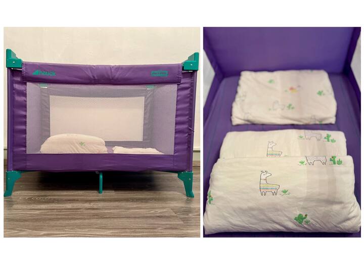 Kitanda cha watoto wachanga hadi kilo 15 ikiwa ni pamoja na matandiko kinaweza kuwekwa katika mojawapo ya vyumba vya kulala au katika chumba cha kulia.