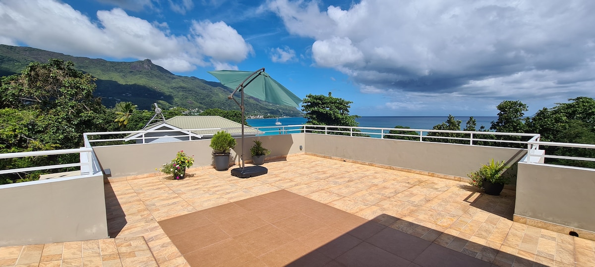 A spacious rooftop terrace is shown, featuring a large, shaded umbrella and potted plants. The view includes a distant coastline and lush greenery under a partly cloudy sky, creating a serene environment for relaxation and barbecuing.