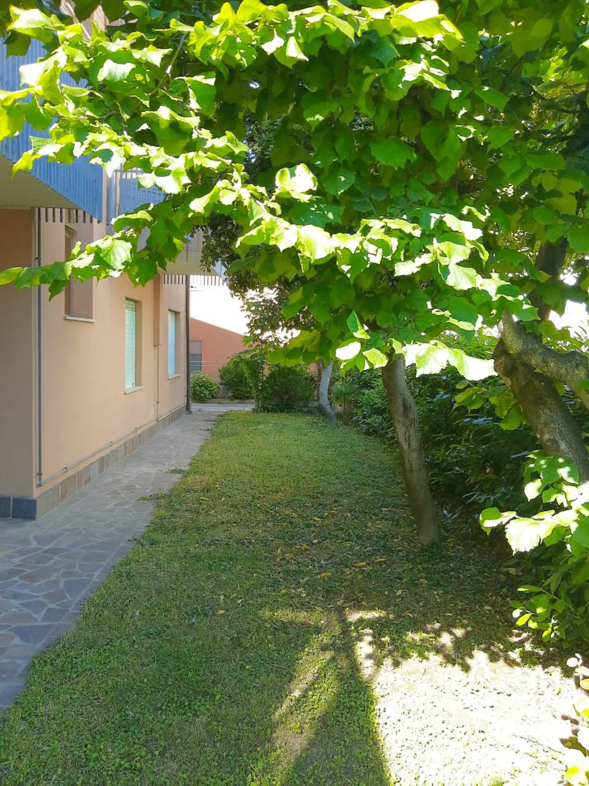 A serene pathway is lined with green grass and bordered by trees, providing a gentle shade. The view includes a side of a building with several windows, creating a peaceful outdoor space suitable for relaxation.
