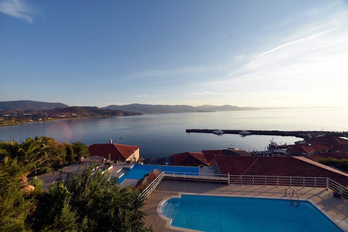 A panoramic view captures the serene Molyvos Bay, with calm waters reflecting the sky. The spacious swimming pool patio is visible, complementing the rooftops of nearby houses. The tranquil harbor is seen in the distance, bordered by gentle hills under a clear sky.