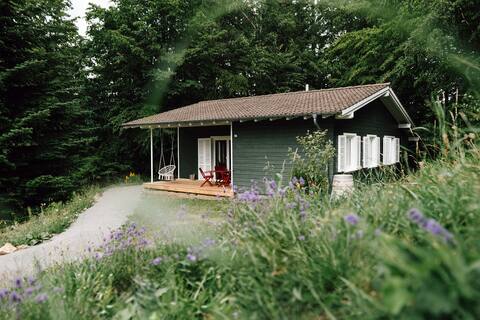 Cosy cabin in the forest on the hiking trail with oven