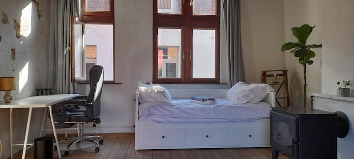 Შუა ოთახი ბუხრით და ქუჩის ხედით. Გარეთ მოძრაობა არ არის.