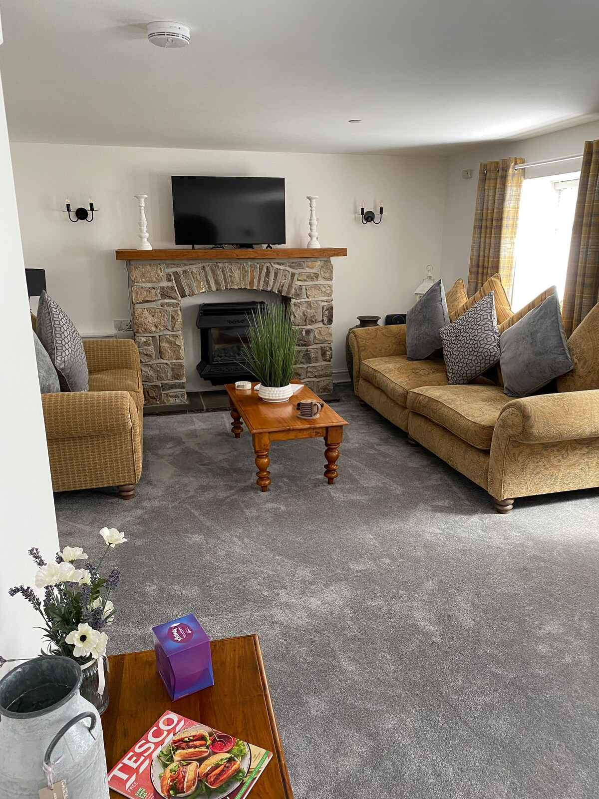 A spacious lounge features comfortable seating arrangements consisting of two sofas with decorative cushions. A wooden coffee table sits in the center, accompanied by a potted plant. A stone fireplace provides a focal point, with a flat-screen television mounted above it, and natural light enters through the window draped with checkered curtains.