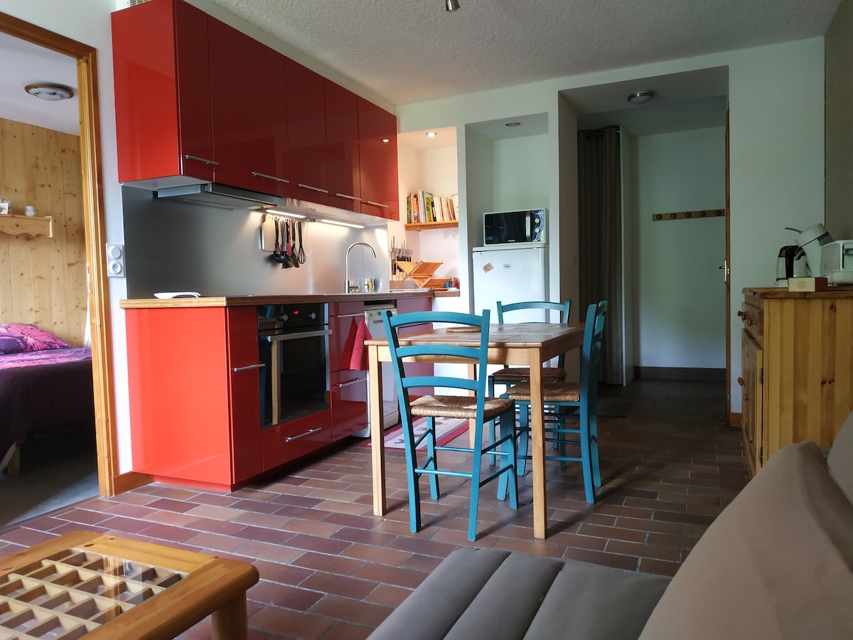An open kitchen and dining area features modern red cabinetry and a wood dining table surrounded by four blue chairs. A kitchen counter is equipped with essential appliances, while a cozy living space is visible in the foreground. Natural light illuminates the space, creating a welcoming environment.