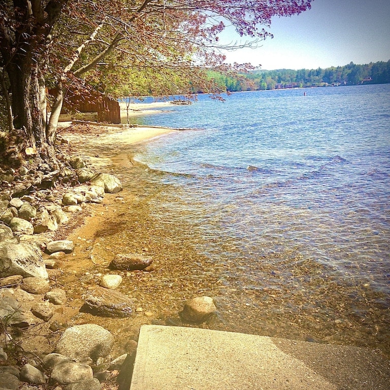 The serene lake shoreline is showcased, featuring smooth pebbles and gently lapping water. Trees line the background, and a glimpse of a private beach area is visible. The clear water reveals the rocky bottom, reflecting a calm atmosphere under sunny skies.