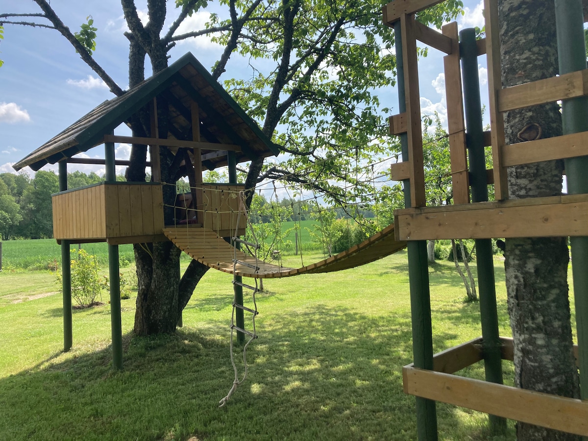 A playhouse situated in a tree features a wooden platform and a slanted roof. A rope bridge connects it to a nearby structure. Lush green grass surrounds the area, enhancing the natural setting, while a serene view of the landscape is visible in the background.