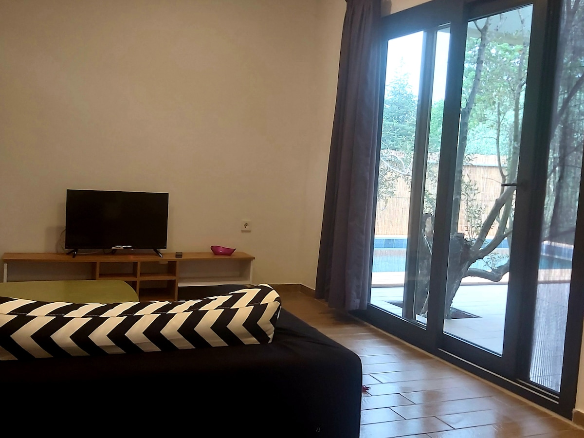 A living area is showcased, featuring a dark sofa with a patterned throw pillow. A television is placed on a wooden stand. Large glass doors provide a view of the outdoor pool area, allowing natural light to brighten the space.