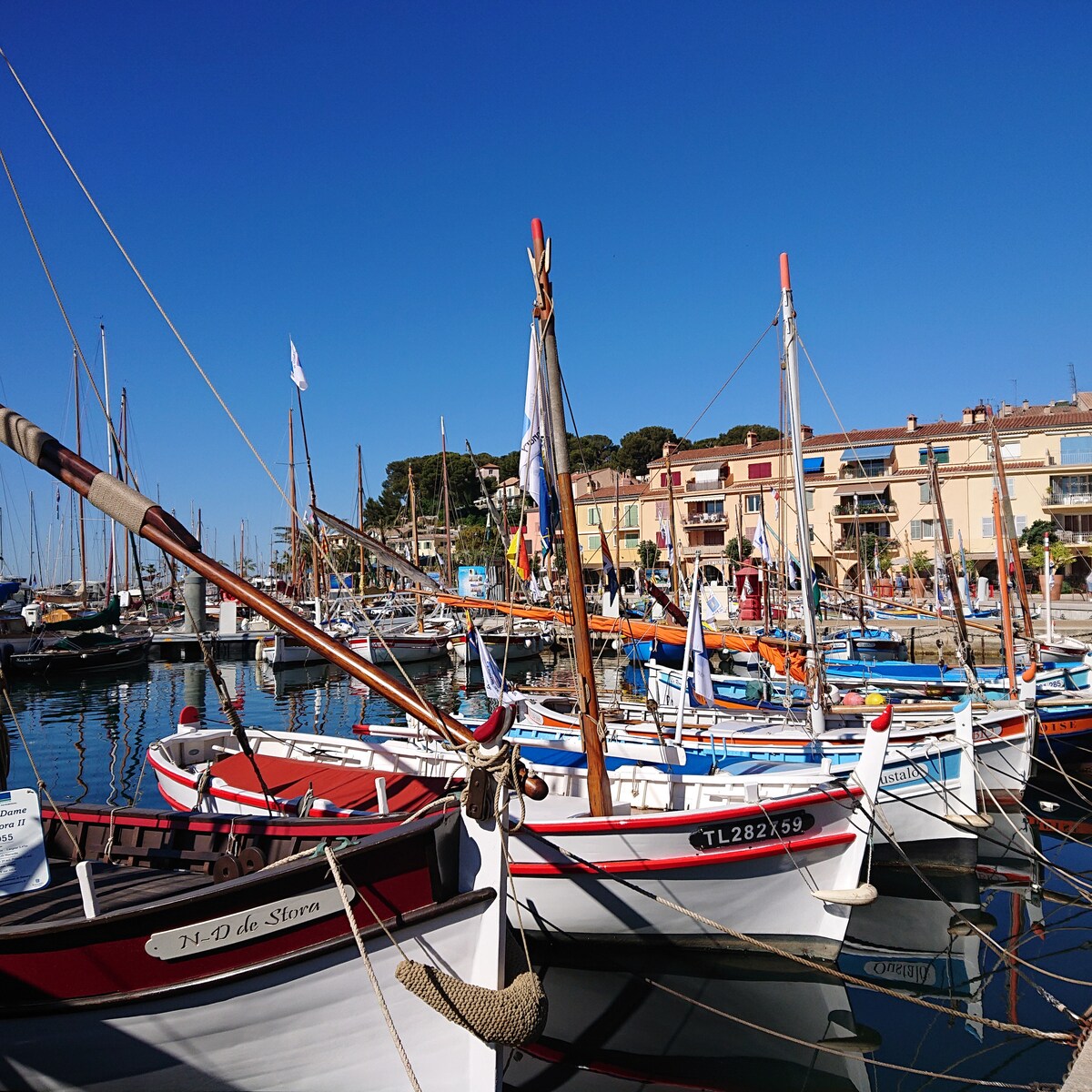 A harbor scene is captured with various colorful boats gently bobbing on the water. The backdrop features a row of buildings in warm hues under a clear blue sky. Flags can be seen fluttering from the mast of one boat, adding a lively touch to the setting.