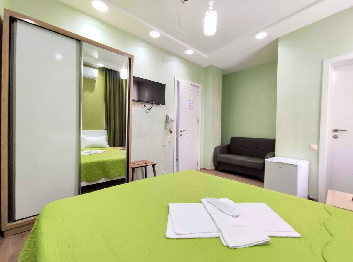 A spacious room features green walls and a large bed covered with a textured blanket. A mirrored wardrobe reflects the cozy setup, which includes a gray sofa and a flat-screen TV. Soft lighting is provided by ceiling fixtures, enhancing the relaxed ambiance.