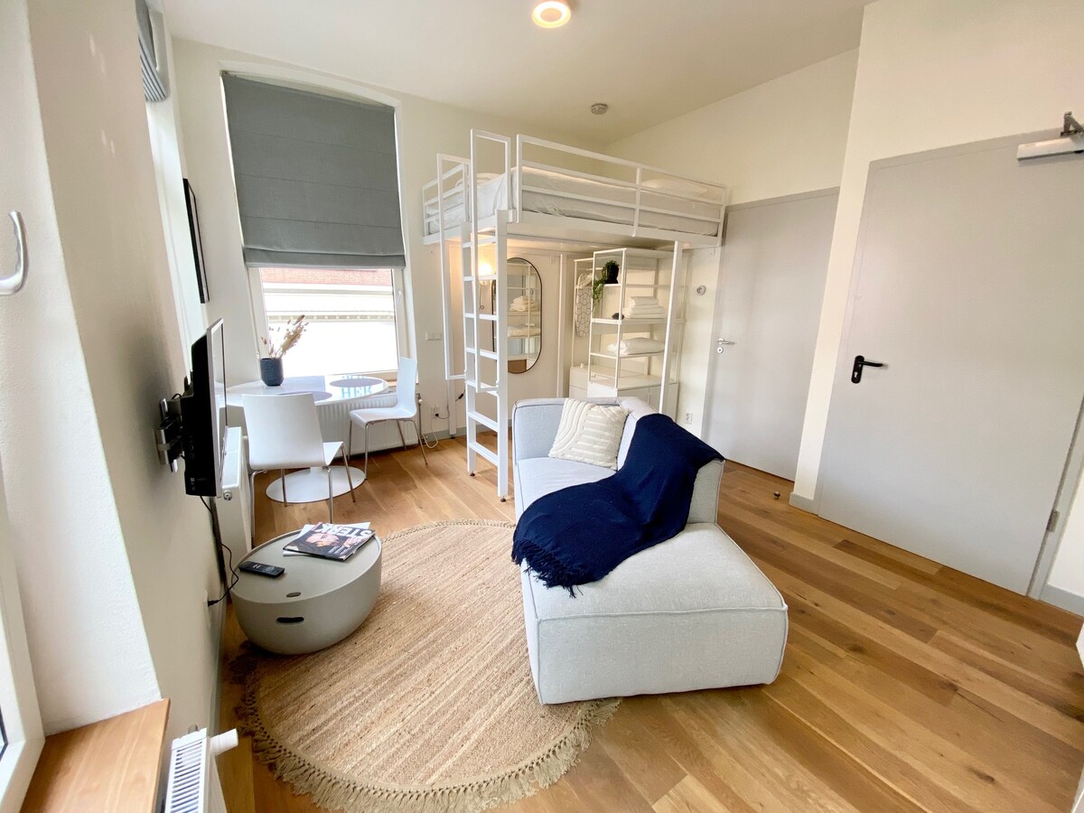 A multifunctional living space is shown, featuring a cozy seating area with a light-colored sofa and round coffee table. A lofted bed occupies a corner, and a small dining table with chairs is positioned nearby. Natural light enters through the large windows with gray shades.