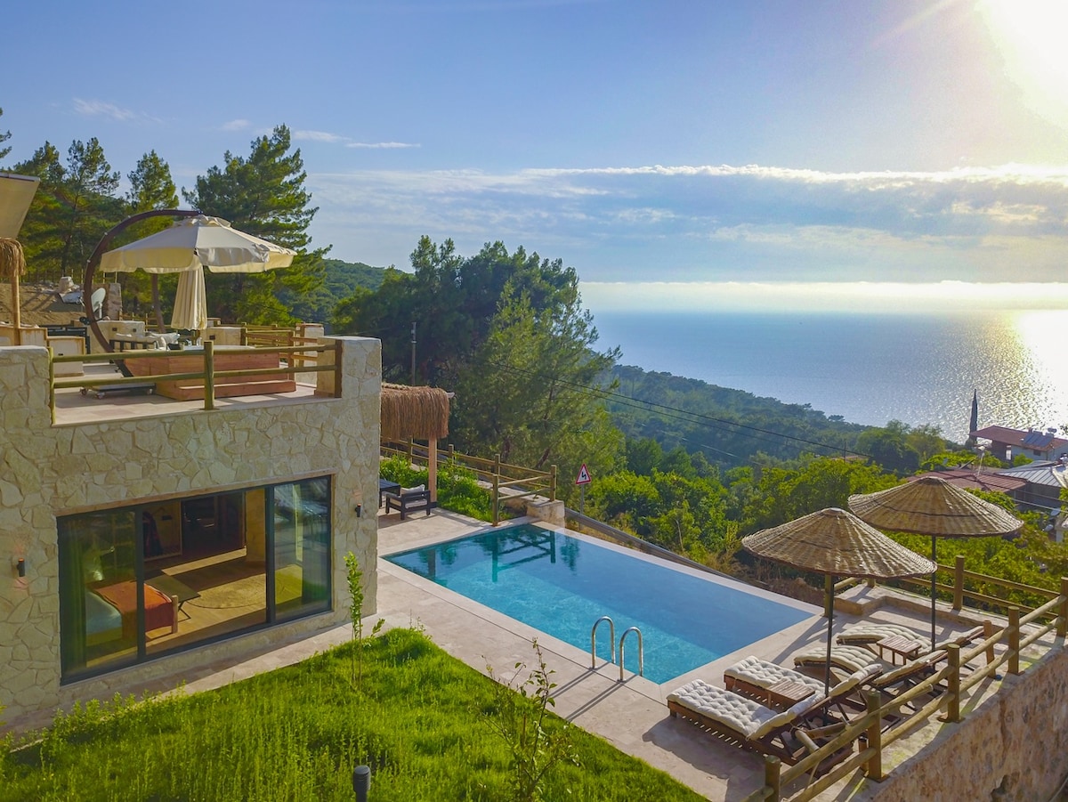 A tranquil villa overlooks the sea, featuring a spacious infinity pool surrounded by sun loungers. A shaded terrace provides seating and unobstructed views of the landscape. Lush greenery frames the scene, enhancing the peaceful setting under a clear blue sky.
