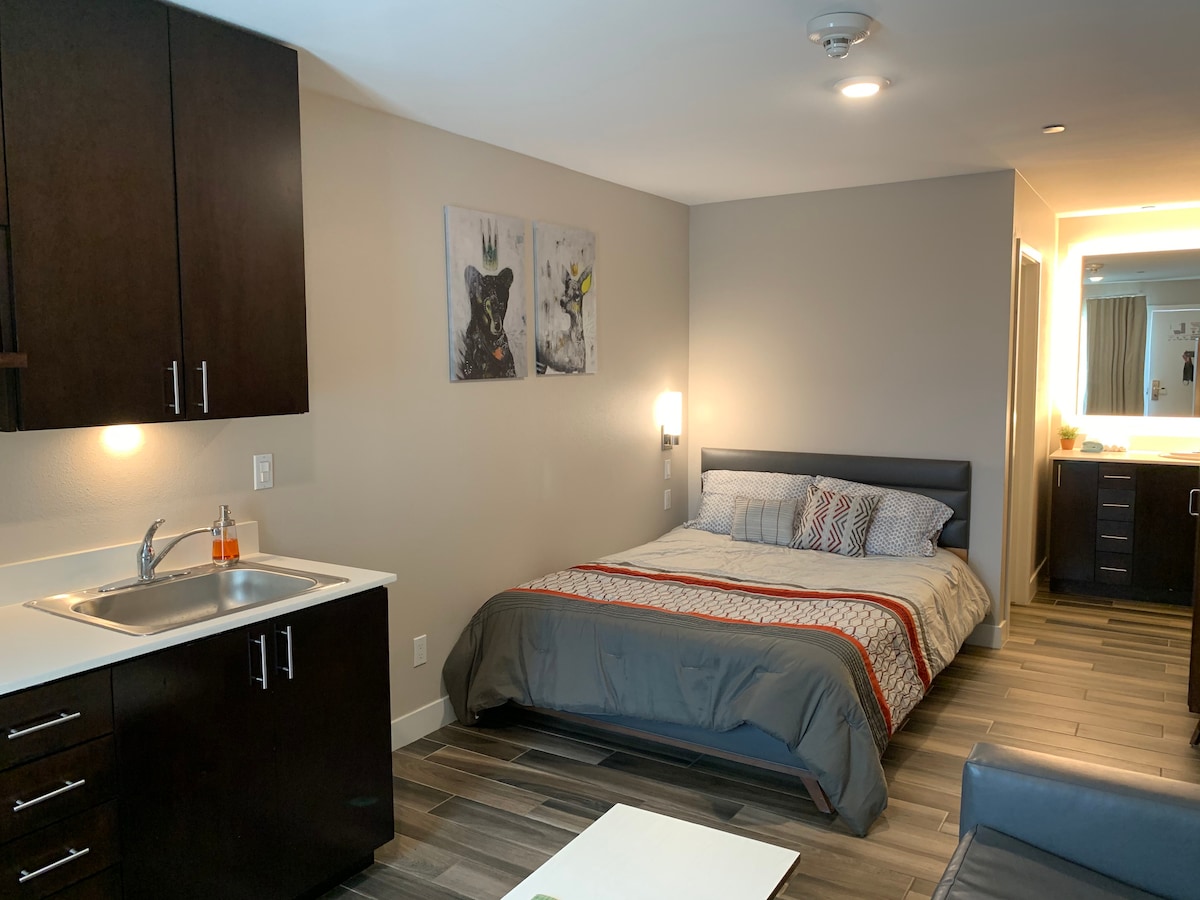 A modern studio interior is shown, featuring a spacious queen bed with accent pillows. A small kitchenette with a sink is visible on the left. Bright art depicting an animal hangs above the bed, and the flooring is a combination of wood-like tiles.