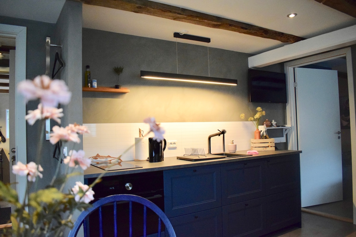 A modern kitchen area features dark cabinetry contrasted by a light countertop. A sleek pendant light hangs above, illuminating the space. Kitchen appliances, including a kettle and coffee maker, are visible, complemented by decorative shelves and a wall-mounted TV.