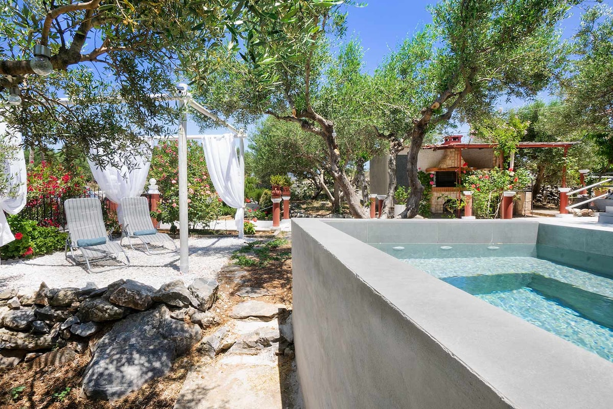 A small private pool is surrounded by olive trees, with a shallow depth of up to 1.10 meters. Lounge chairs are positioned nearby, under flowing white drapes. A stone pathway leads to an outdoor barbecue area, enhancing the serene outdoor setting.