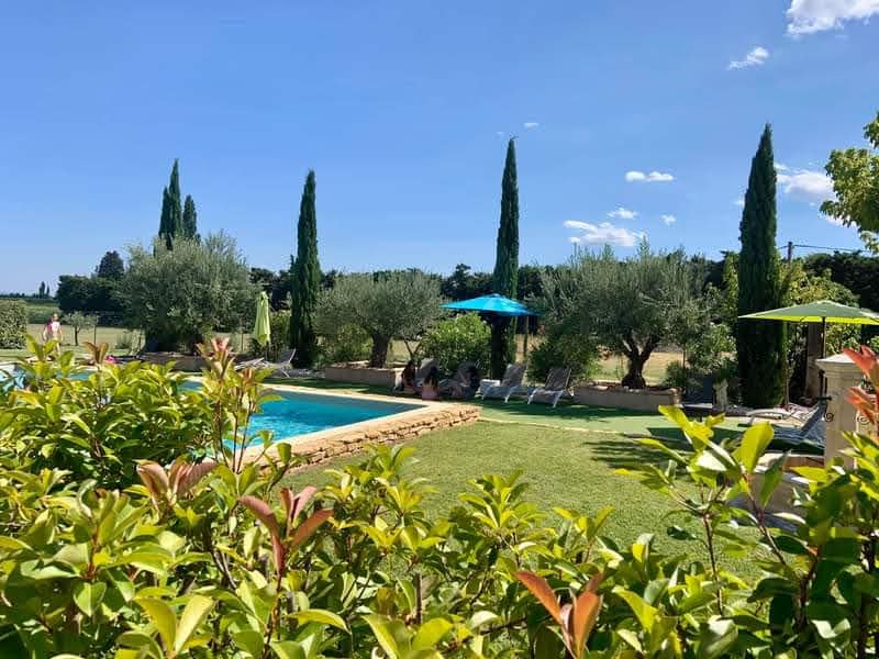 A serene outdoor area is showcased with a sparkling swimming pool surrounded by lush greenery. Tall cypress trees stand nearby, and colorful umbrellas offer shade. Comfortable lounge chairs are arranged by the pool, providing an inviting space for relaxation.