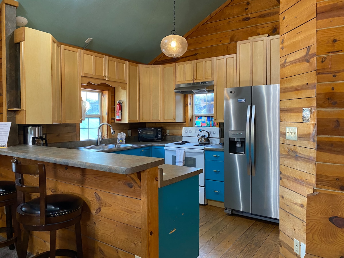 A rustic kitchen features wooden cabinetry and a turquoise kitchen island with seating. Modern appliances include a stainless steel refrigerator and electric range. Natural light enters through the window, illuminating the warm wood walls and creating a cozy cooking space.