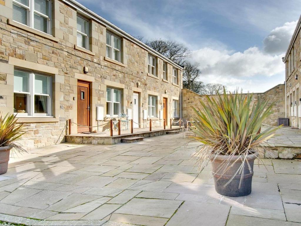 An outdoor courtyard is displayed with a paved stone surface, bordered by low stone walls. Large potted plants are positioned at various points, adding greenery to the space. The entrance doors to the apartment units are visible, showcasing a modern design.