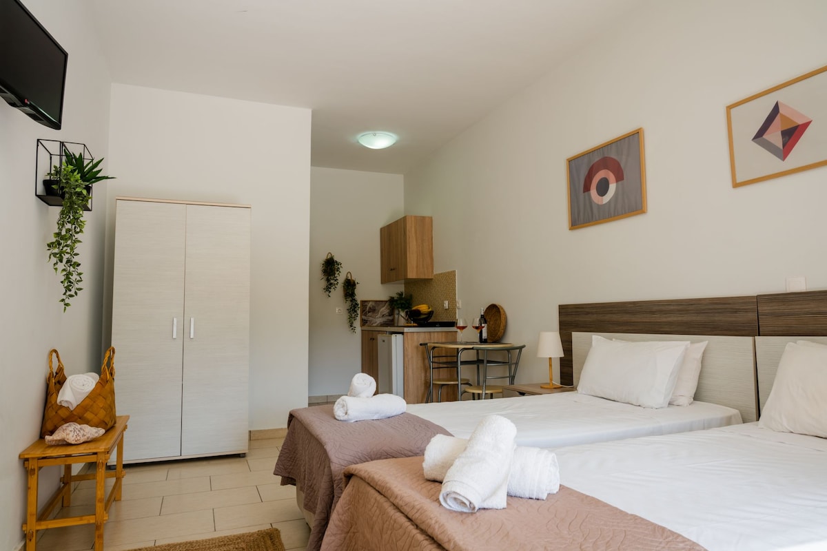 A studio is showcased with two single beds arranged neatly, complemented by decorative pillows. A small kitchenette is present in the background, along with a dining table and two chairs. Wall art and a bright light fixture add to the room's welcoming ambiance.