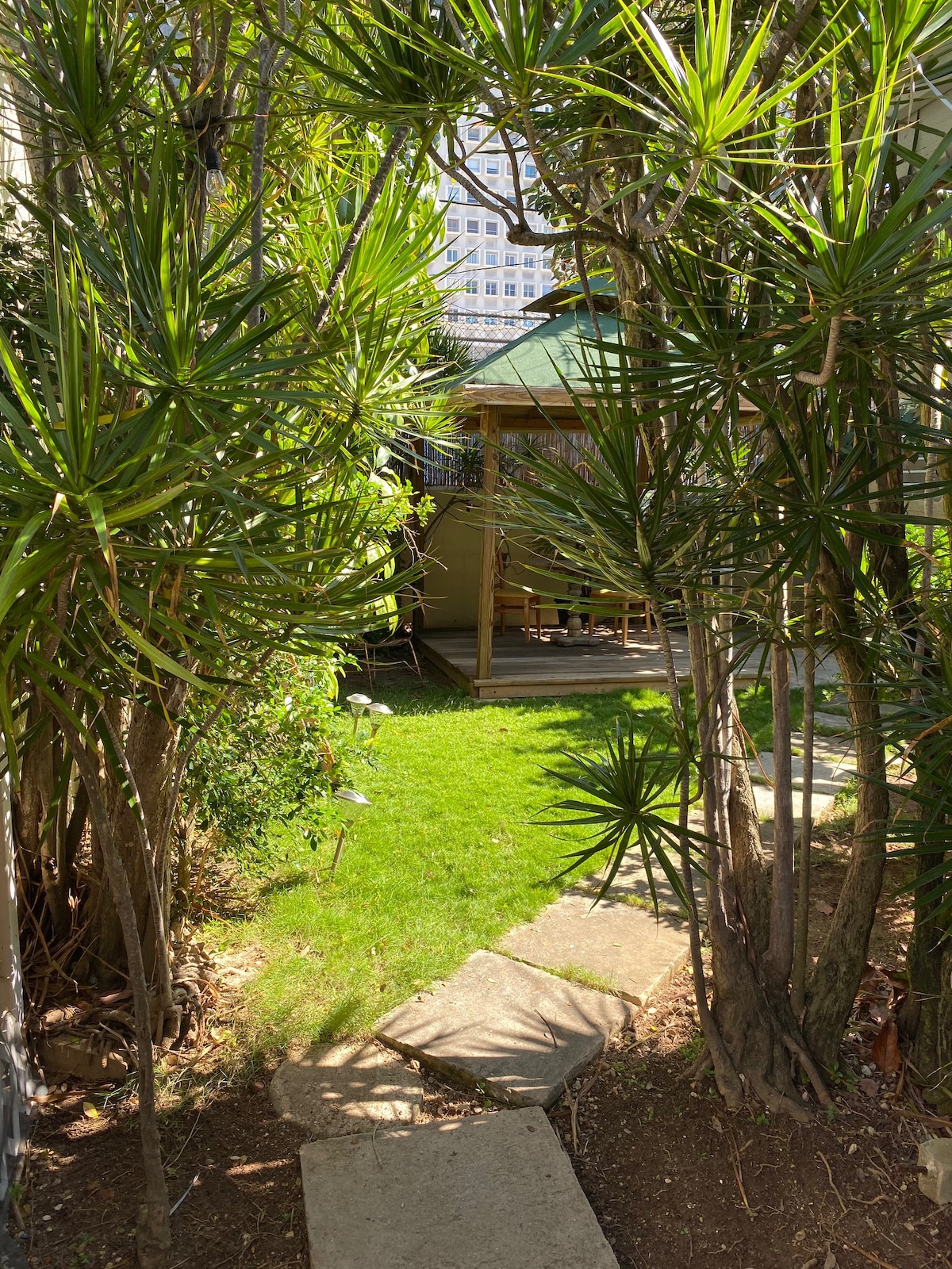 A narrow pathway lined with lush greenery leads to a gazebo in the background. The vibrant grass suggests a well-maintained garden, while the sunlight filters through the surrounding plants, creating a serene and inviting entrance to the outdoor space.