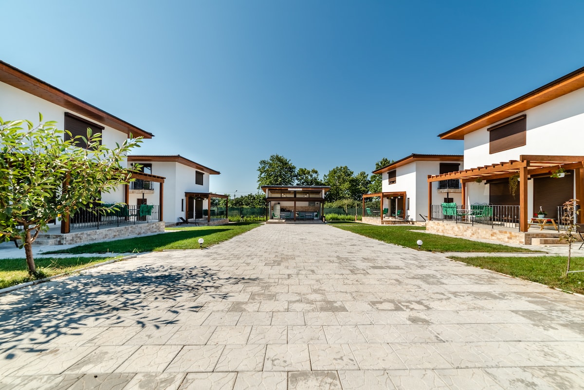 A spacious courtyard is surrounded by several elegant two-story houses, each featuring wooden awnings. Green lawns provide a refreshing contrast to the stone pathways. A central patio area is visible, offering a gathering space for relaxation and socializing.