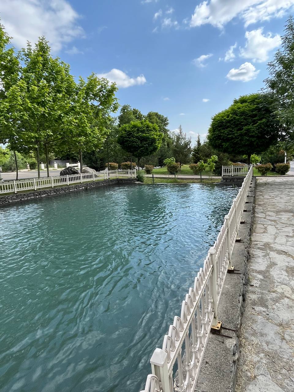 A serene outdoor space features a large body of water, enclosed by a white metal fence. Lush green trees and neatly trimmed shrubs are positioned along the water's edge, creating a tranquil setting under a partly cloudy sky.