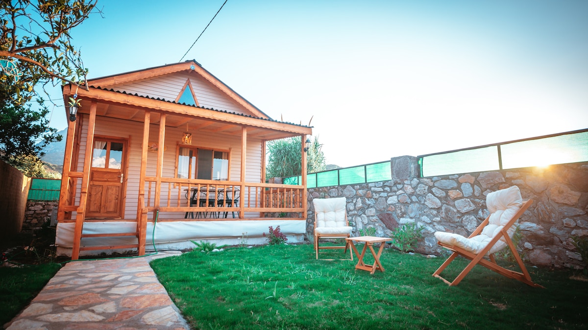 A wooden bungalow features a covered porch with seating options, including two chairs and a small table. The well-maintained garden surrounding the home is complemented by stone paving, with a backdrop of greenery and a clear sky.