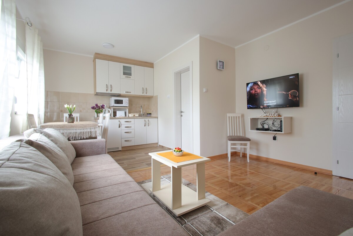 A light-filled living space features a comfortable beige sofa and a small coffee table with a decorative item. A flat-screen television is mounted on the wall, and a kitchen area is visible in the background, equipped with modern appliances and cabinetry.