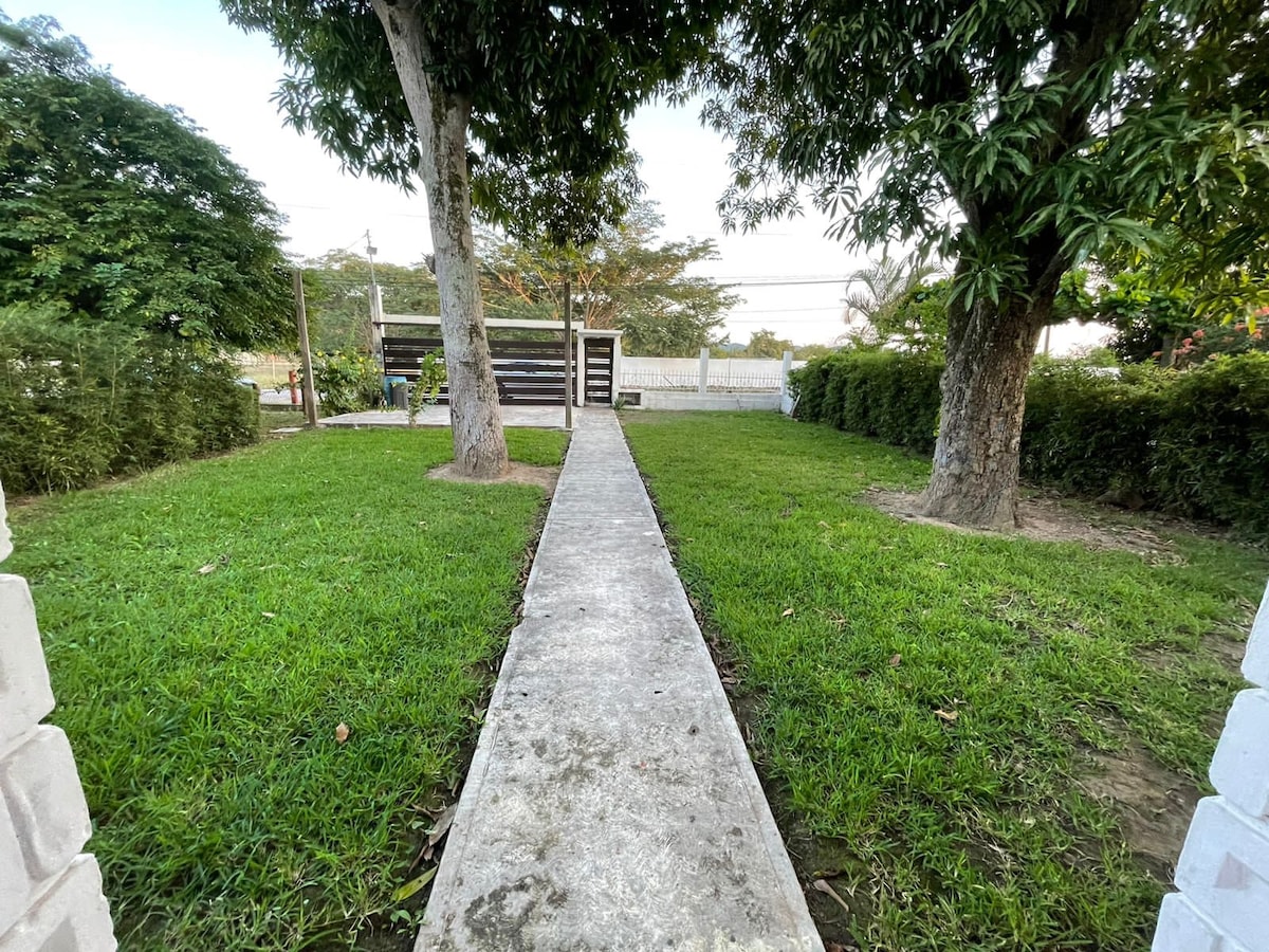 A neatly paved walkway leads through a green lawn, bordered by well-maintained shrubs and trees. A shaded area with seating can be seen in the background, along with open space for relaxation and activities.