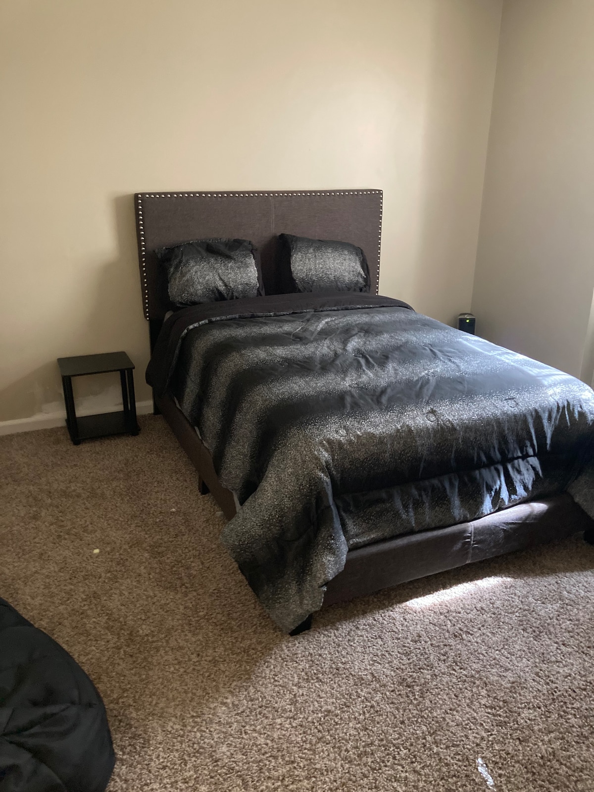 A private sleeping area features a spacious bed with dark bedding and two coordinating pillows. A bedside table is positioned next to the bed. Soft carpeting covers the floor, and natural light illuminates the room from a nearby window.
