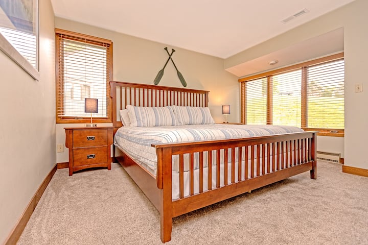 The master bedroom is on the main floor and contains a king size bed, closet, Smart Roku TV and private bath.