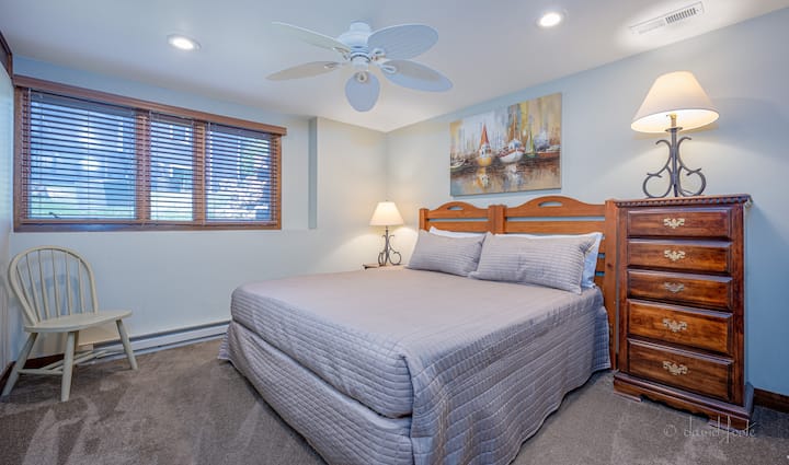 Lower level bedroom contains a king size bed and walk in closet.