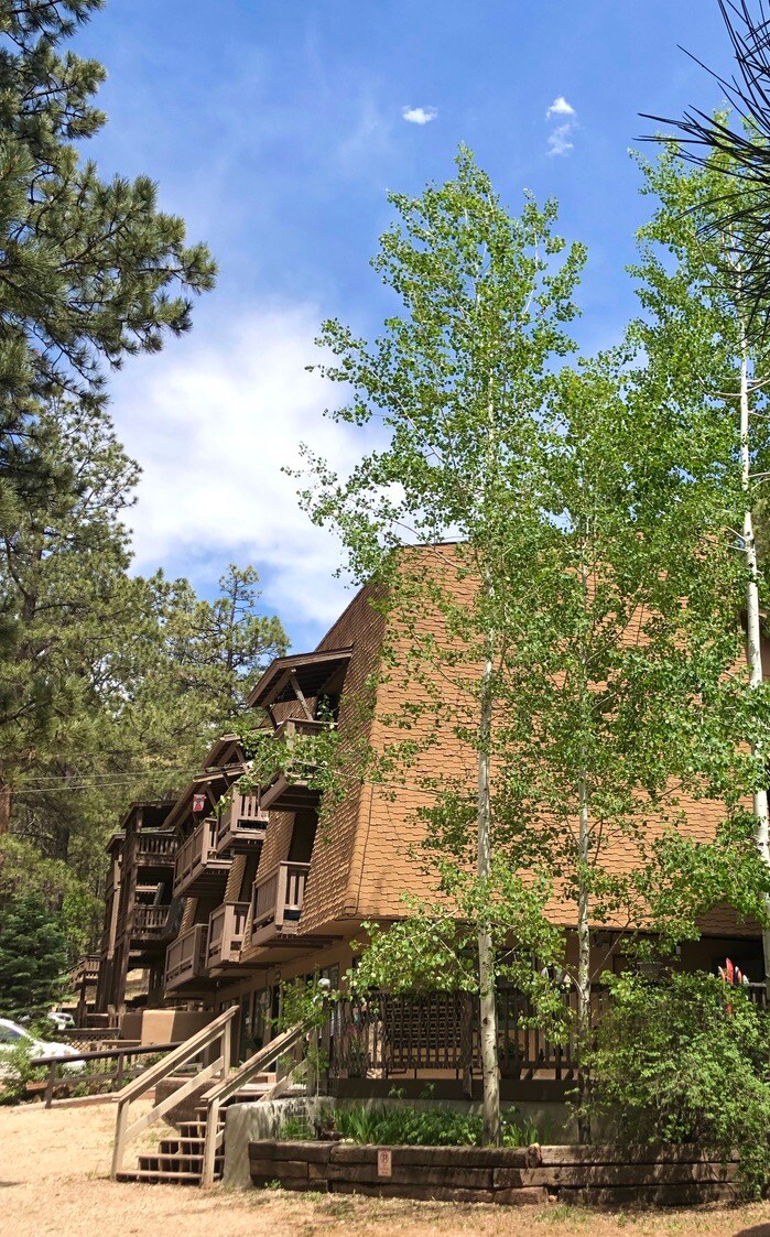 The exterior of a mountain condo is presented, featuring a modern architectural design highlighted by wooden elements. Tall trees surround the building, and a clear blue sky is visible above, adding to the serene woodland setting.