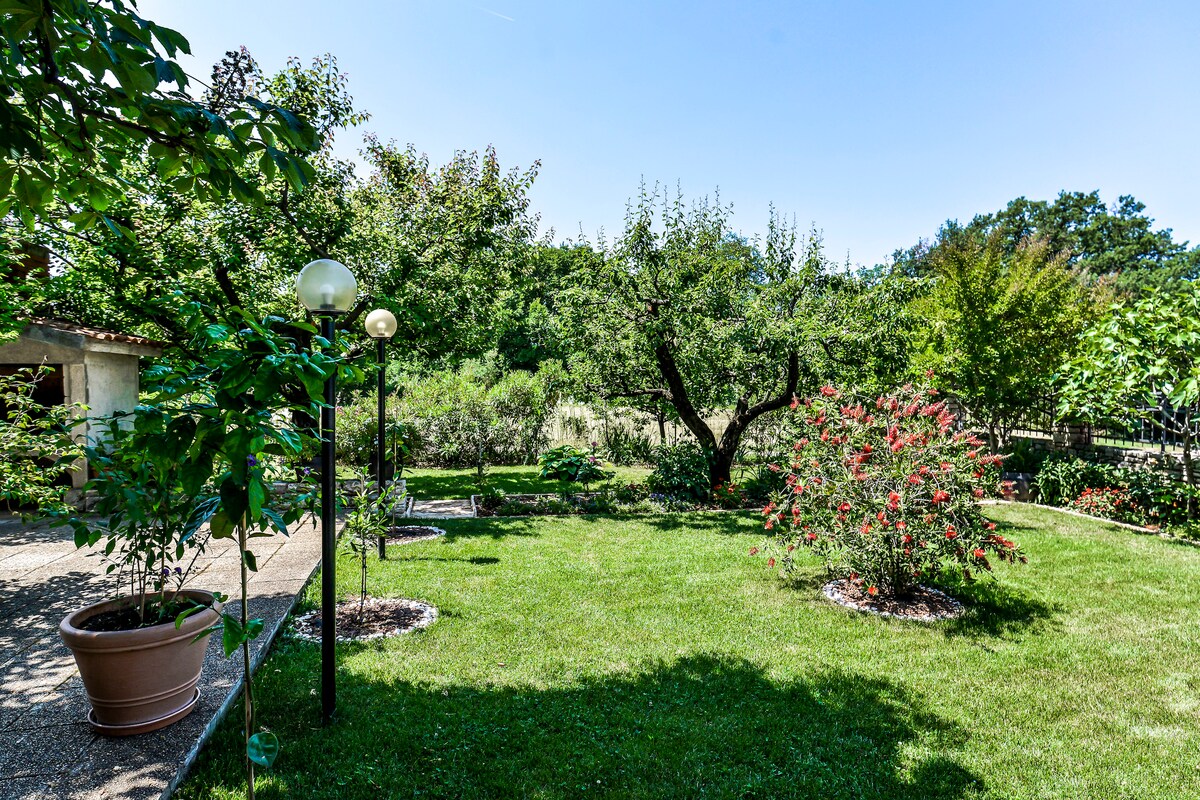 A serene garden space is enveloped by lush greenery, featuring well-maintained grassy areas and vibrant flower bushes. Trees punctuate the landscape, while decorative lamps provide soft illumination. The scene captures a tranquil outdoor environment ideal for relaxation.