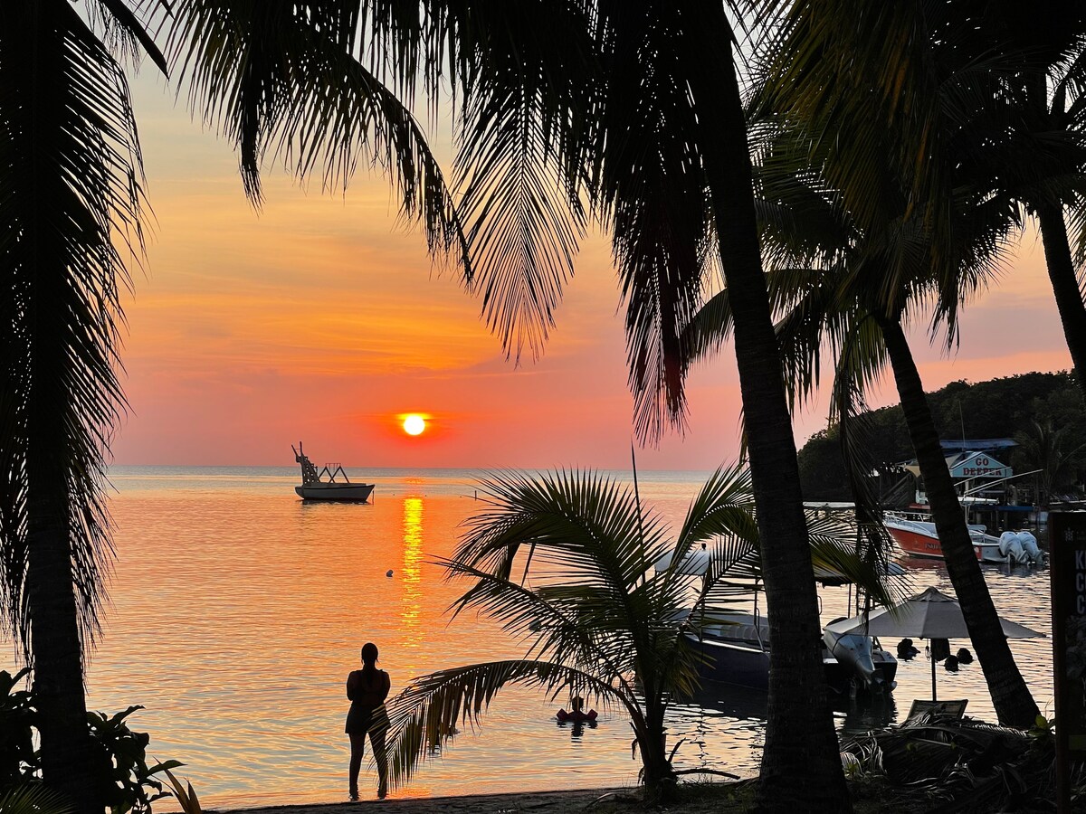 A serene sunset over calm waters is framed by palm trees, casting silhouettes against the colorful sky. A person stands near the water's edge, with a small boat visible in the distance, creating a peaceful coastal atmosphere.