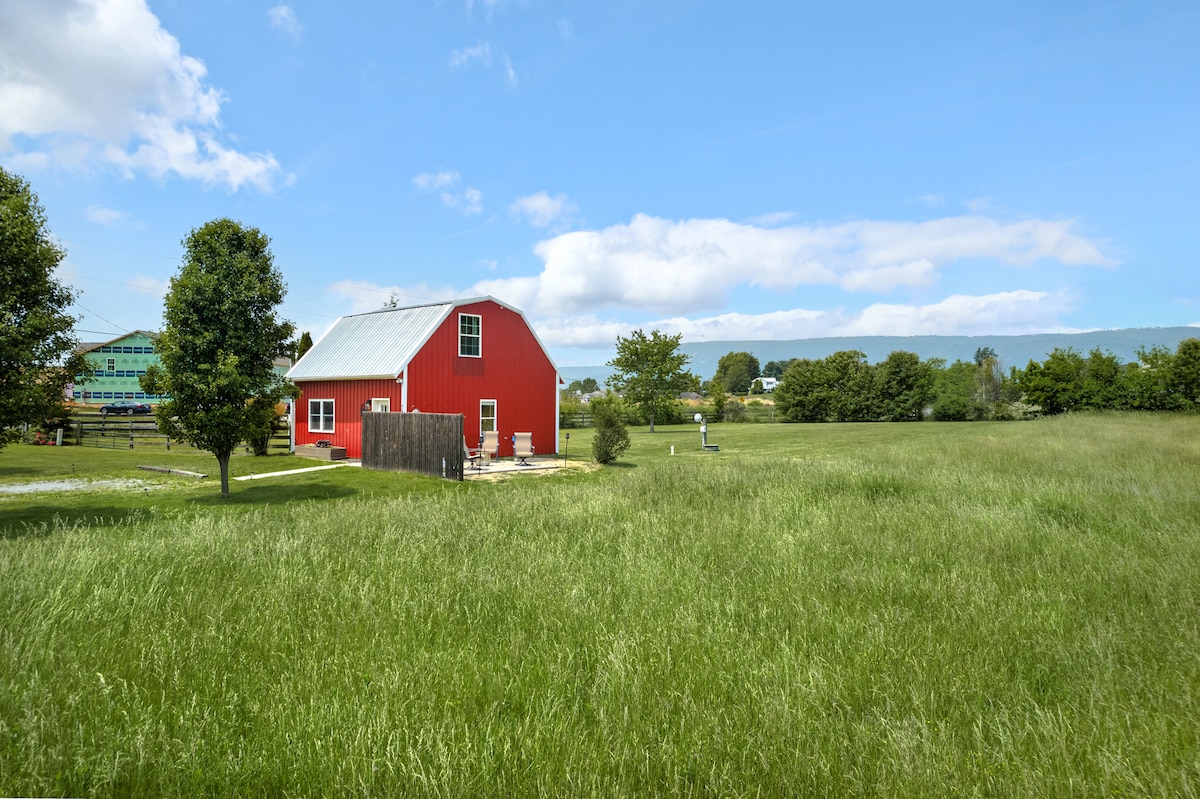 A charming red barn stands amidst a spacious green field, surrounded by trees and distant hills. The clear blue sky features a few scattered clouds, illuminating the scene. An outdoor patio area is visible, offering a serene ambiance for relaxation.