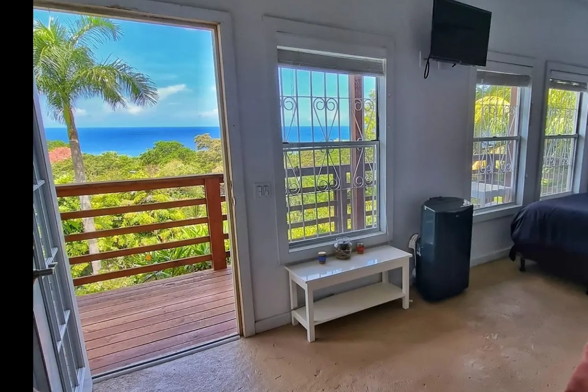 A spacious cabin interior is visible, featuring a large window with a beautiful ocean view. A door leads to a private deck. The room includes a small table and a refrigerator, with a television mounted on the wall. Bright greenery surrounds the cabin.