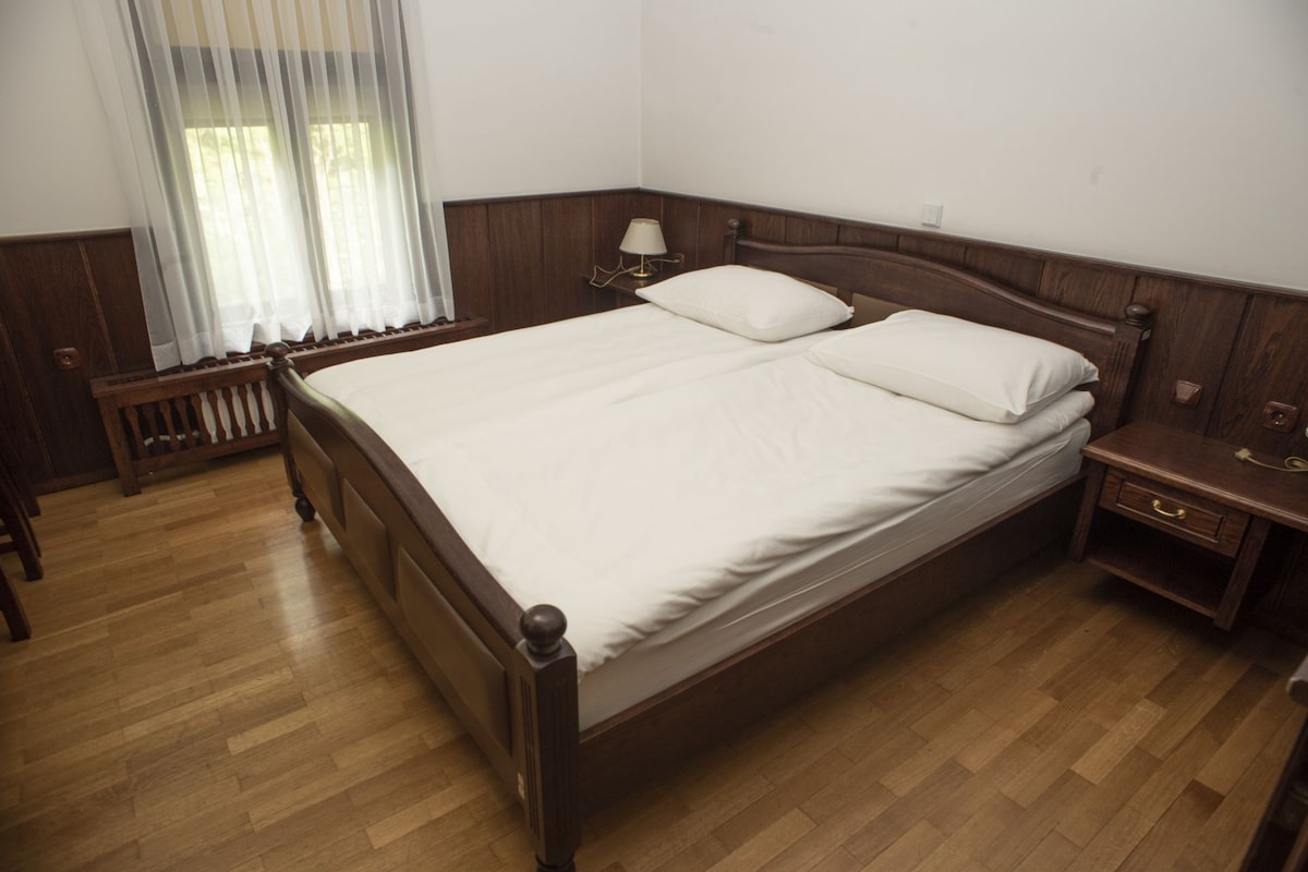 A spacious bed with a light-colored blanket is situated against a wooden wall. Natural light filters through sheer curtains covering a window, enhancing the calming ambiance. A bedside table with a lamp complements the warm wooden flooring.