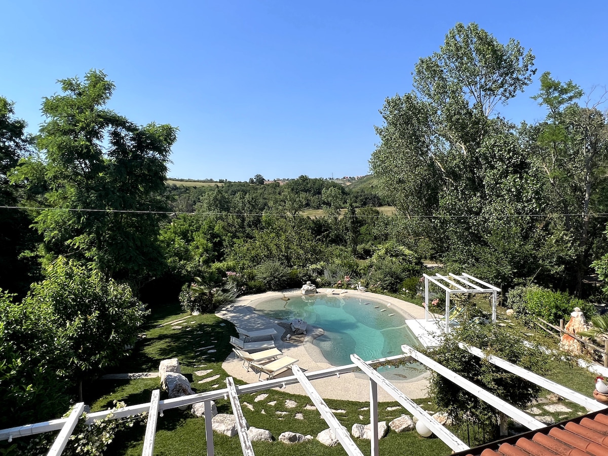 The view showcases a salt-water pool framed by lush greenery and natural landscaping. Sun loungers are positioned near the water, while a shaded pergola offers a relaxing spot. A mix of trees and shrubs enhances the serene, natural setting.