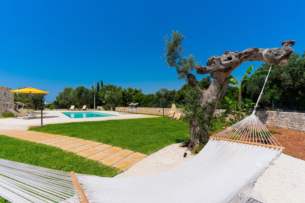 A spacious outdoor area features a hammock draped between a weathered tree and a grassy lawn. In the background, a private pool reflects the clear blue sky, surrounded by lounge chairs and vibrant greenery, creating a serene and inviting environment.