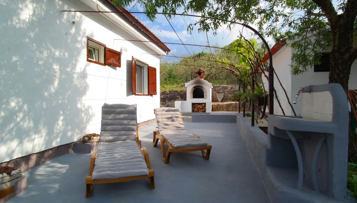 An outdoor space is presented with two wooden lounge chairs positioned on a smooth surface. A stone barbecue area is visible in the background, accompanied by lush greenery and the side of a white house, creating a serene environment perfect for relaxation.