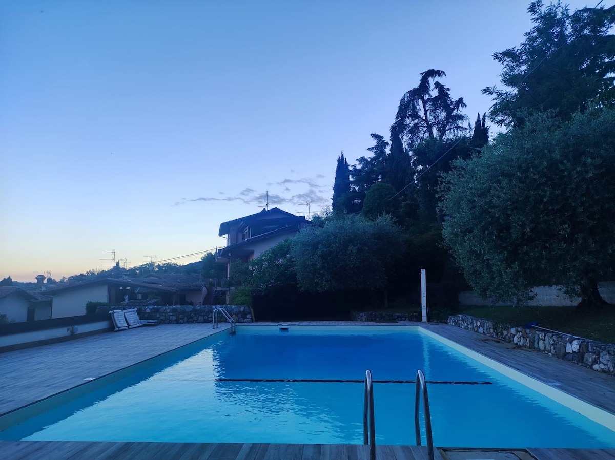 A serene swimming pool reflects the evening sky, framed by lush greenery. The surrounding wooden deck offers ample space for relaxation, with lounge chairs positioned nearby. The tranquil atmosphere is complemented by the silhouette of surrounding trees and a home in the background.
