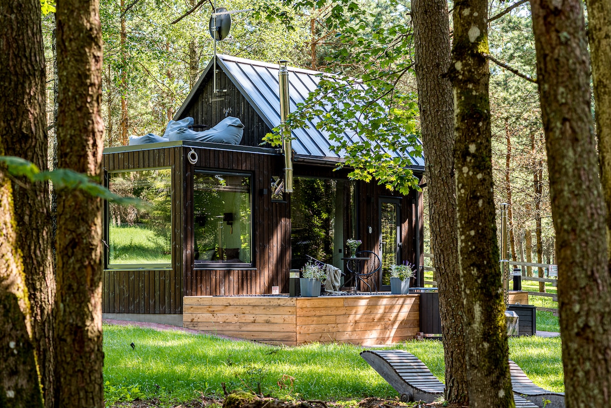A modern tiny house is nestled among tall trees, featuring large windows that allow natural light to fill the interior. A wooden terrace enhances the outdoor space, surrounded by a verdant grassy area. The peaceful forest setting provides a serene retreat.