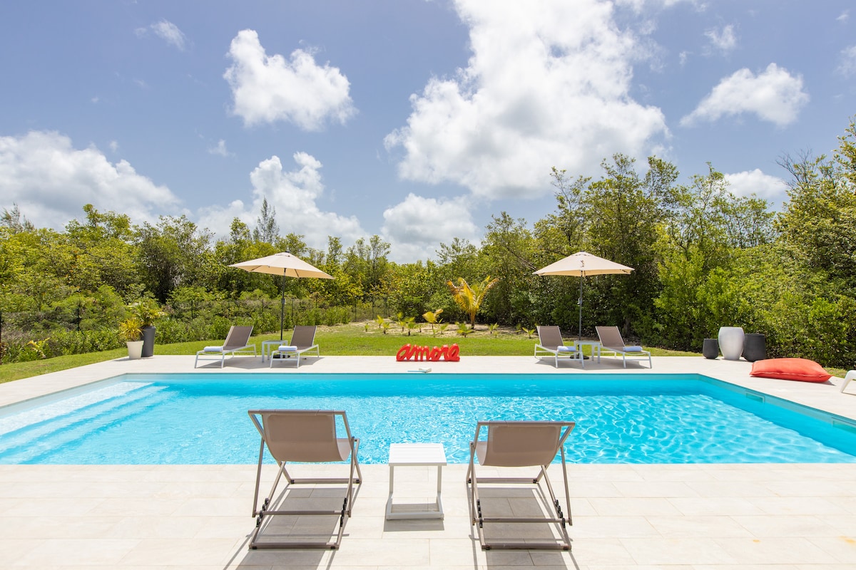 A heated swimming pool is framed by a spacious terrace, featuring several lounge chairs and two umbrellas for shade. Lush greenery surrounds the area, enhancing the outdoor space. A bright red accent piece adds a pop of color against the serene blue of the water.